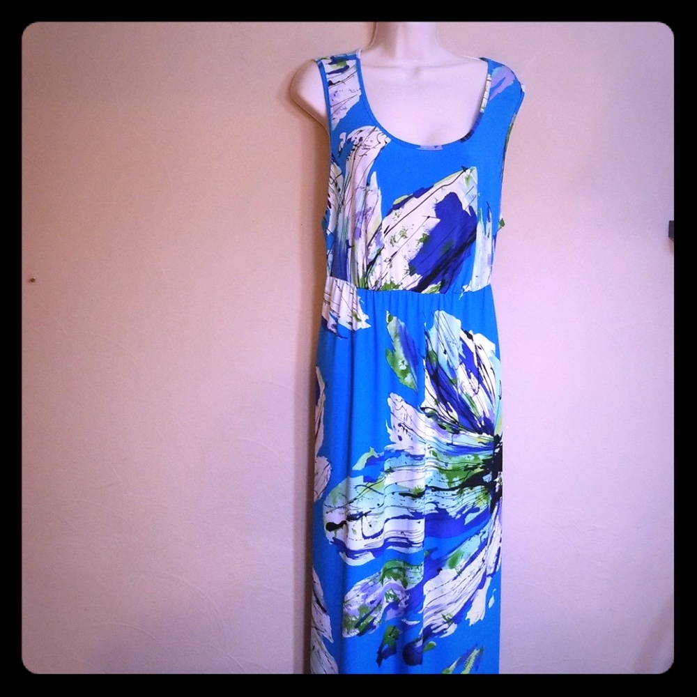 blue & green tone flower maxi dress